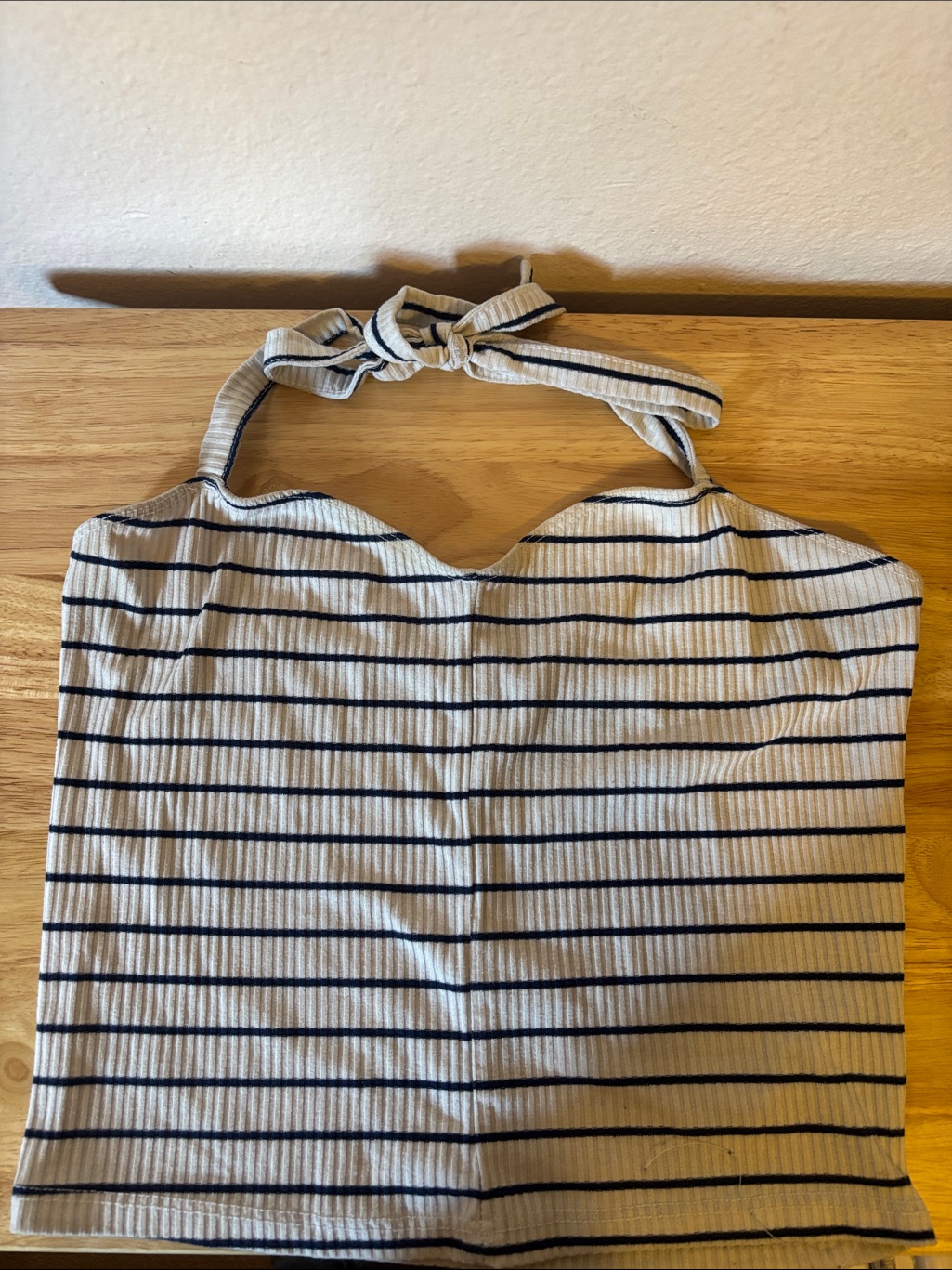 Woman’s White And Navy Blue Striped Ribbed Halter Top, Size S